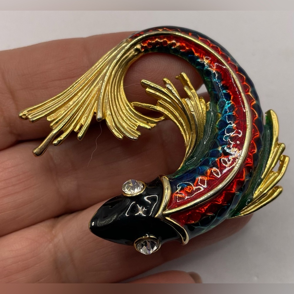 Vintage Koi Fish Gold Tone Red Blue Green Enamel Brooch Pin Clear Crystal Eyes - Picture 6 of 8